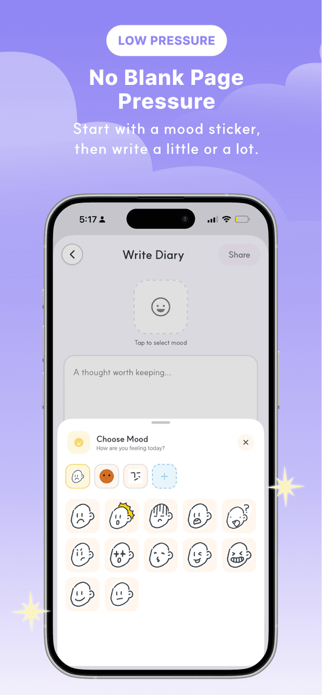 Low pressure: no blank page — start with a mood sticker, then write a little or a lot