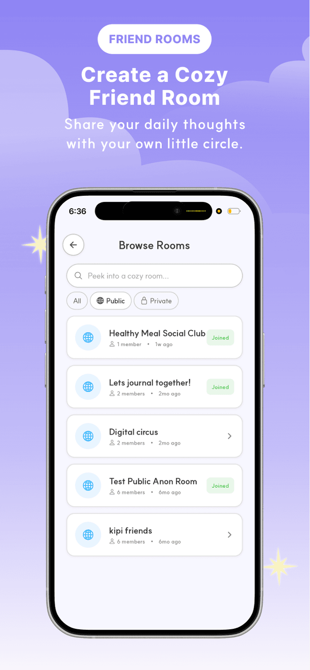 Friend rooms: create a cozy room and share your daily thoughts with your own little circle